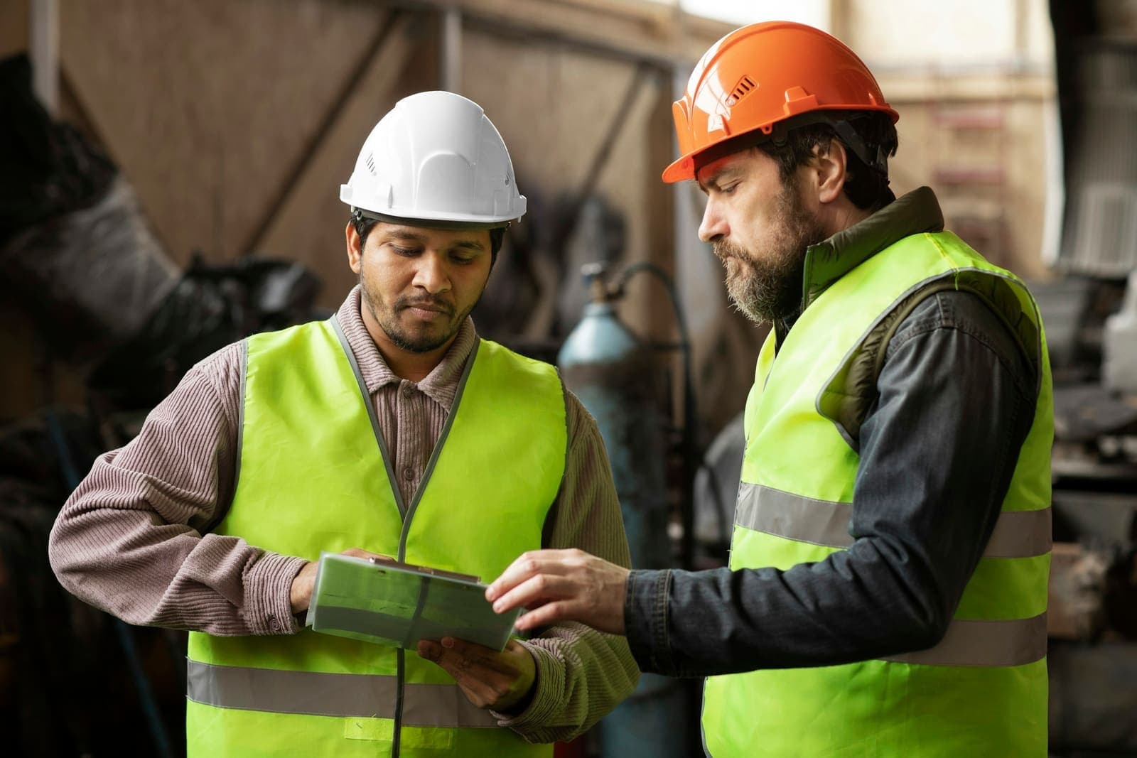 Foreman and a coworker in hard hats reviewing paperwork on site